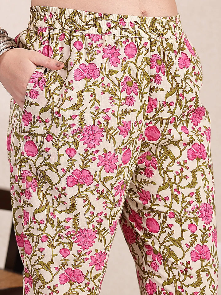 Pink And Beige Pure Cotton Floral Sequins Work Kurta Dupatta Set-Yufta Store-6496SKDPKM