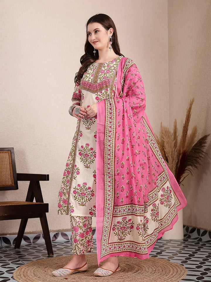Pink And Beige Pure Cotton Floral Sequins Work Kurta Dupatta Set-Yufta Store-6496SKDPKM