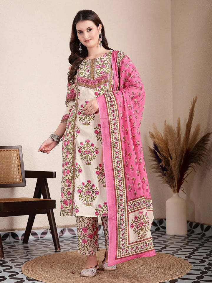 Pink And Beige Pure Cotton Floral Sequins Work Kurta Dupatta Set-Yufta Store-6496SKDPKM