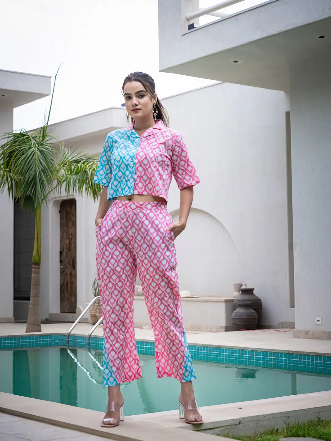 Pink And Blue Crop Top And Trouser Co Ord Set-Yufta Store-1059CRDPKS