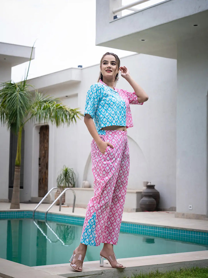 Pink And Blue Crop Top And Trouser Co Ord Set-Yufta Store-1059CRDPKS