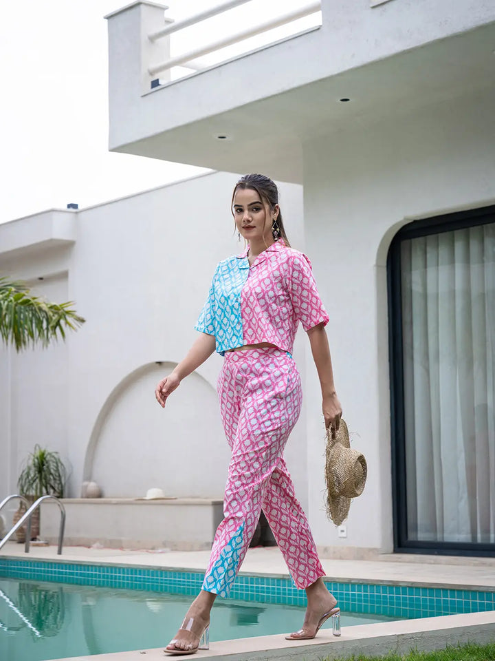 Pink And Blue Crop Top And Trouser Co Ord Set-Yufta Store-1059CRDPKS