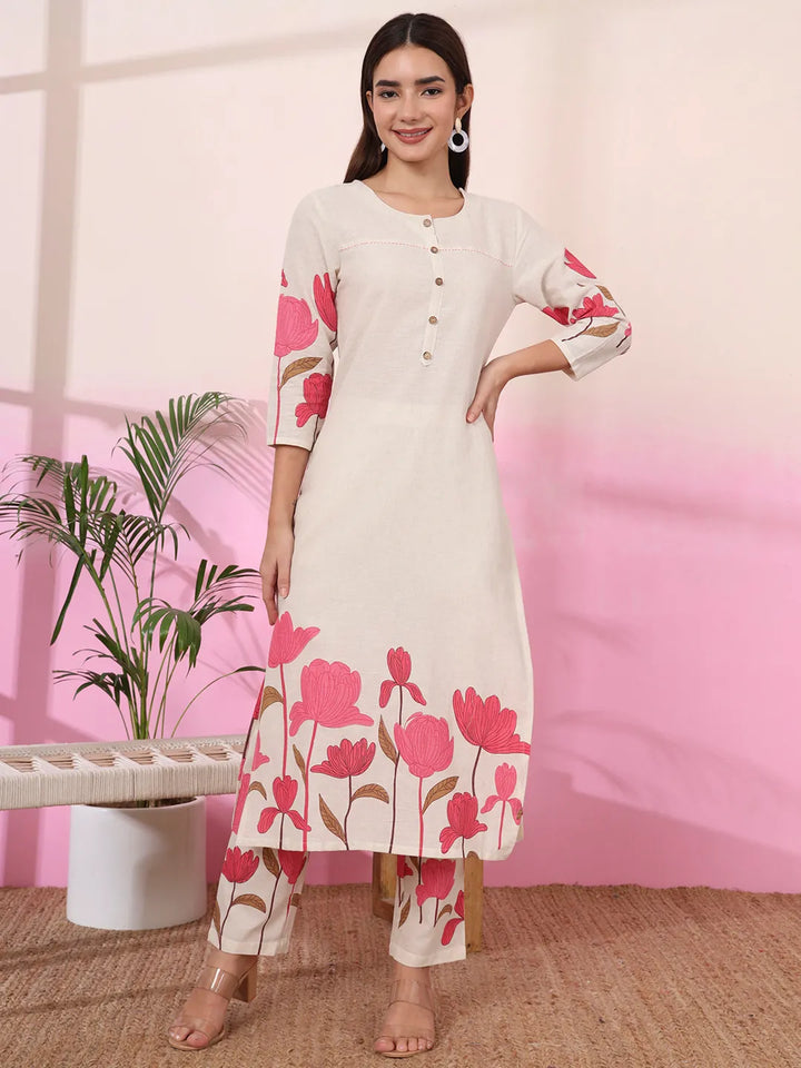 Pink And Cream Cotton Floral Print Straight Kurta Trouser Set-Yufta Store-1064SETPKS