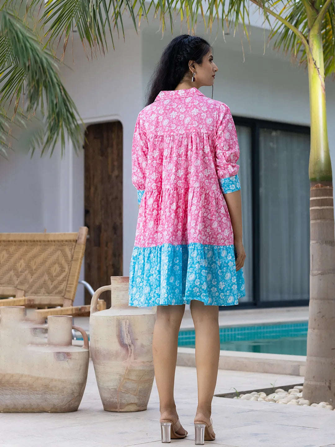 Pink & Sky Blue Pure Cotton Colour Blocking Dress-Yufta Store-1055DRSSBS