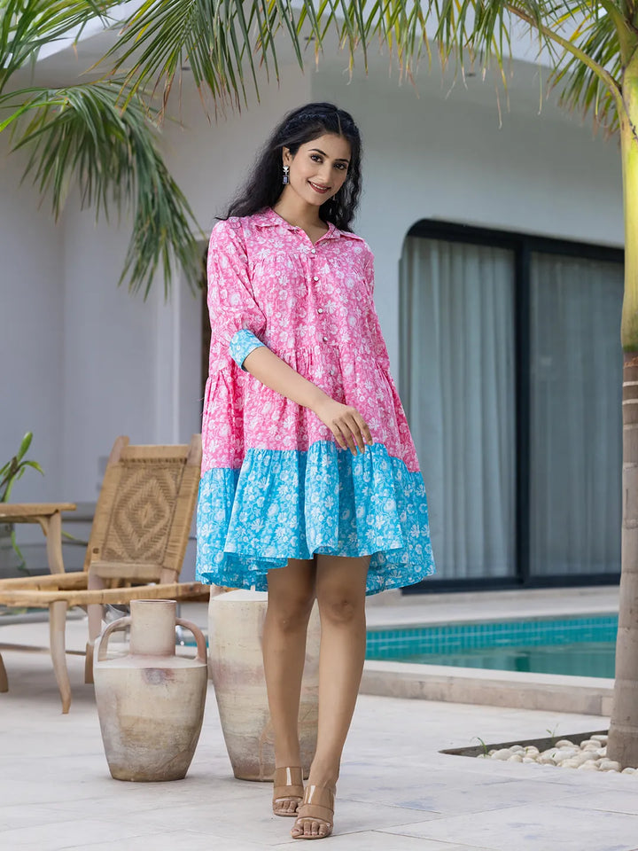 Pink & Sky Blue Pure Cotton Colour Blocking Dress-Yufta Store-1055DRSSBS