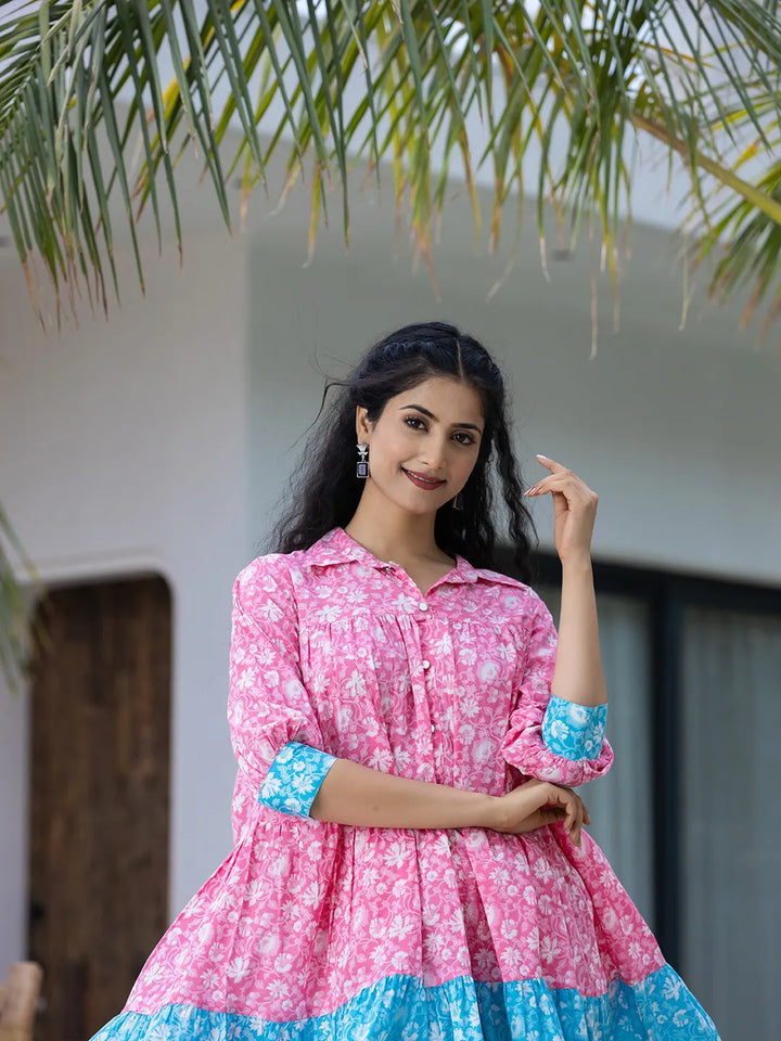 Pink & Sky Blue Pure Cotton Colour Blocking Dress-Yufta Store-1055DRSSBS