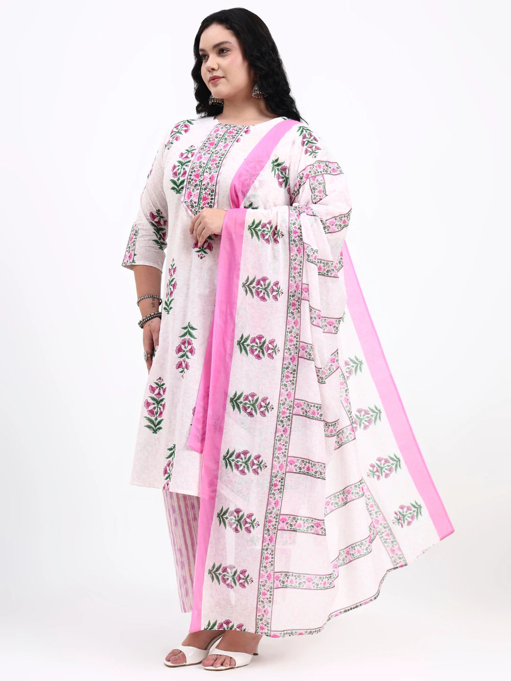Pink And White Pure Cotton Floral Kurta Dupatta Set-Yufta Store-7487PSKDPK3XL