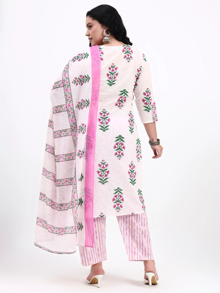 Pink And White Pure Cotton Floral Kurta Dupatta Set-Yufta Store-7487PSKDPK3XL