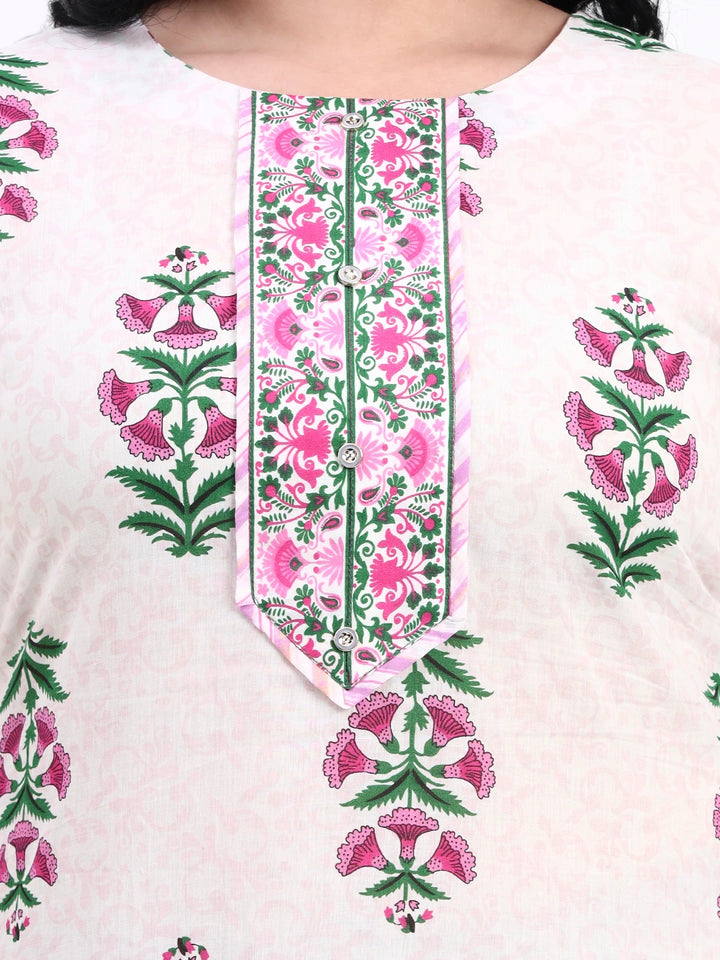 Pink And White Pure Cotton Floral Kurta Dupatta Set-Yufta Store-7487PSKDPK3XL