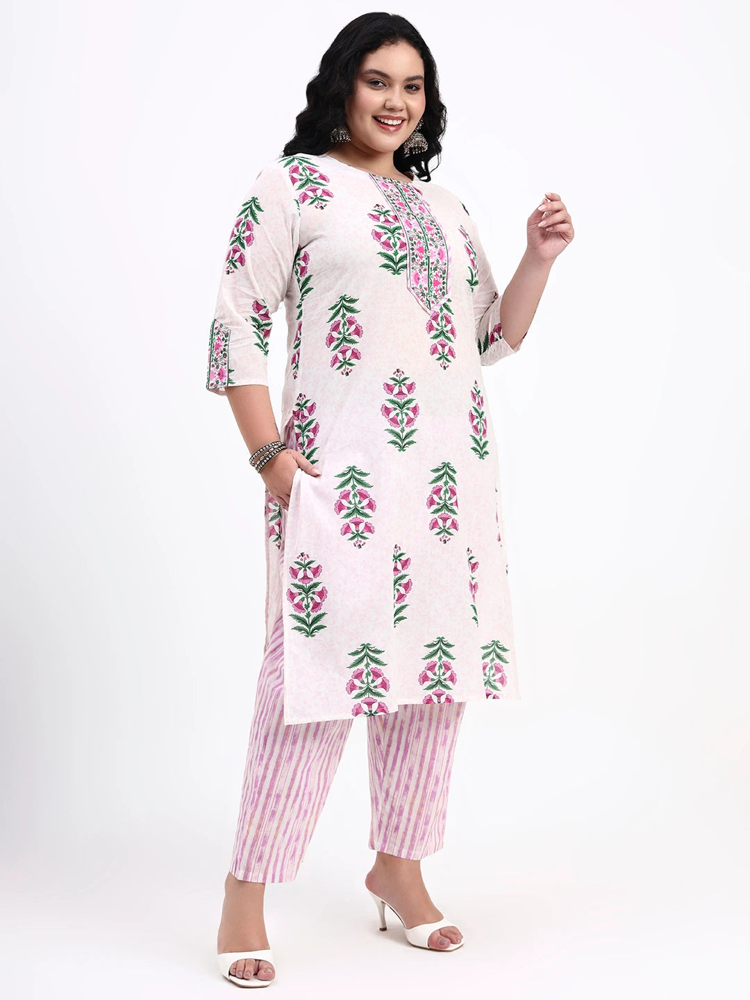 Pink And White Pure Cotton Floral Kurta Dupatta Set-Yufta Store-7487PSKDPK3XL