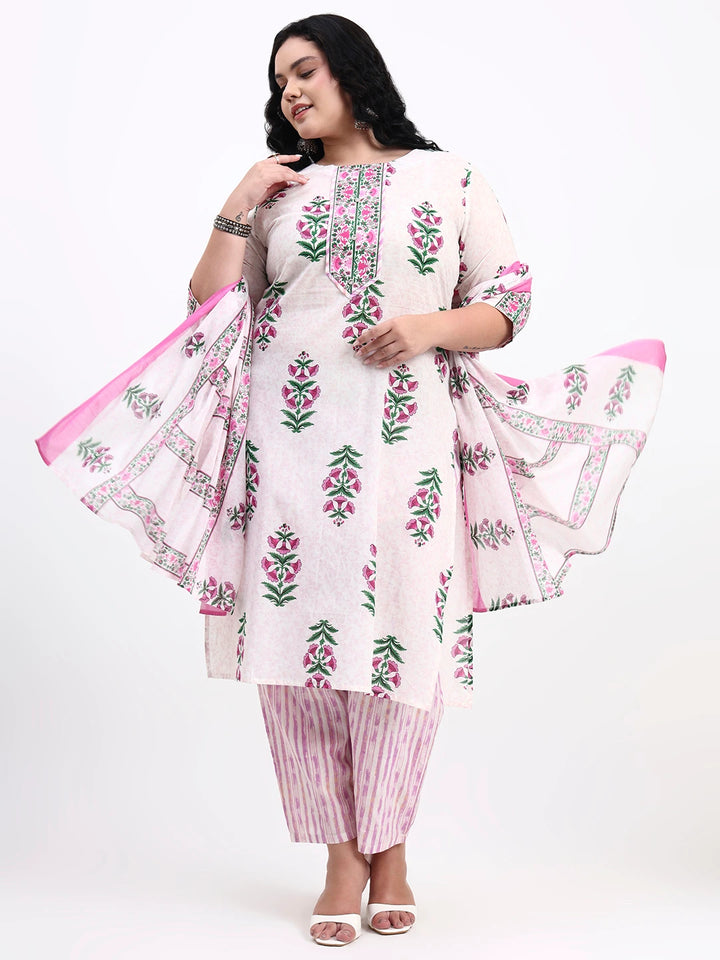 Pink And White Pure Cotton Floral Kurta Dupatta Set-Yufta Store-7487PSKDPK3XL
