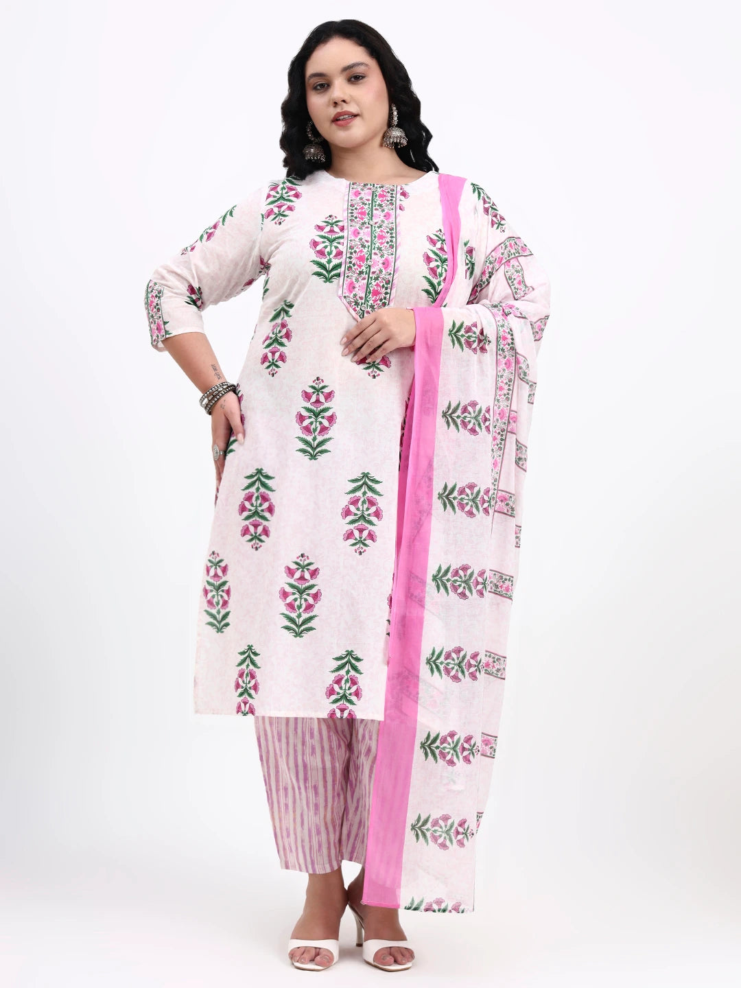 Pink And White Pure Cotton Floral Kurta Dupatta Set-Yufta Store-7487PSKDPK3XL