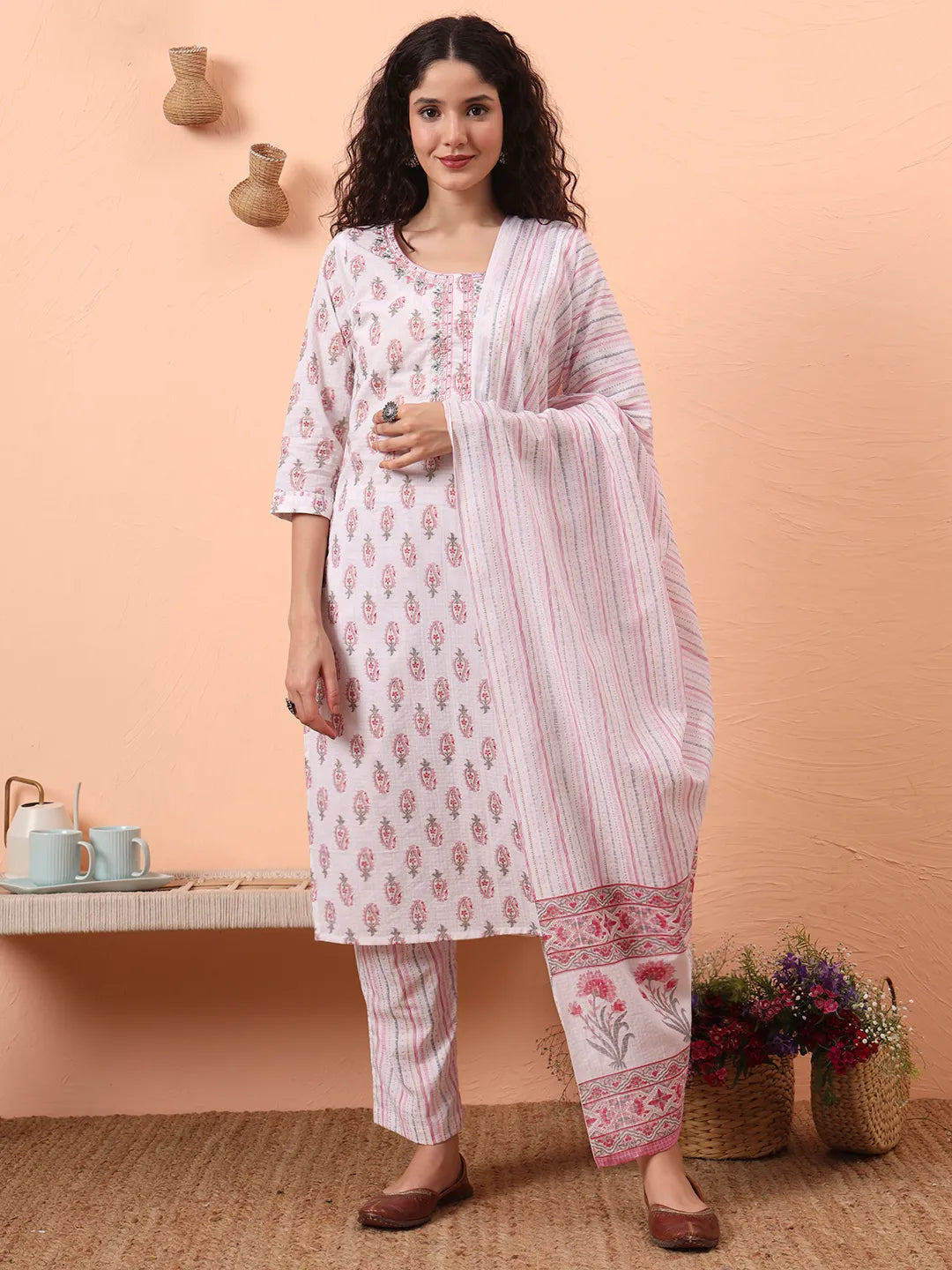 Pink And White Pure Cotton Kurta Dupatta Pant Set-Yufta Store-6587SKDPKM