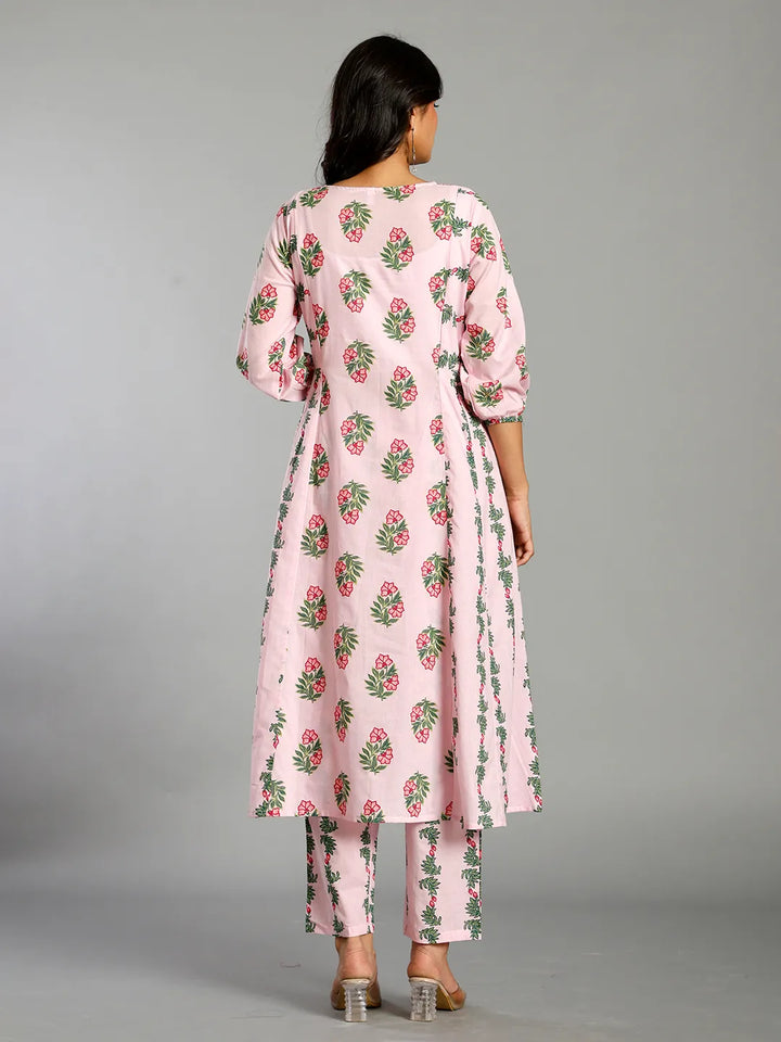Pink Block Print Handcrafted Cotton Flared Kurta Set