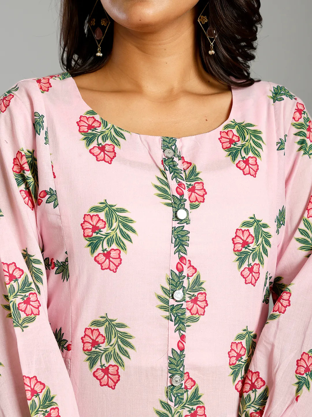 Pink Block Print Handcrafted Cotton Flared Kurta Set