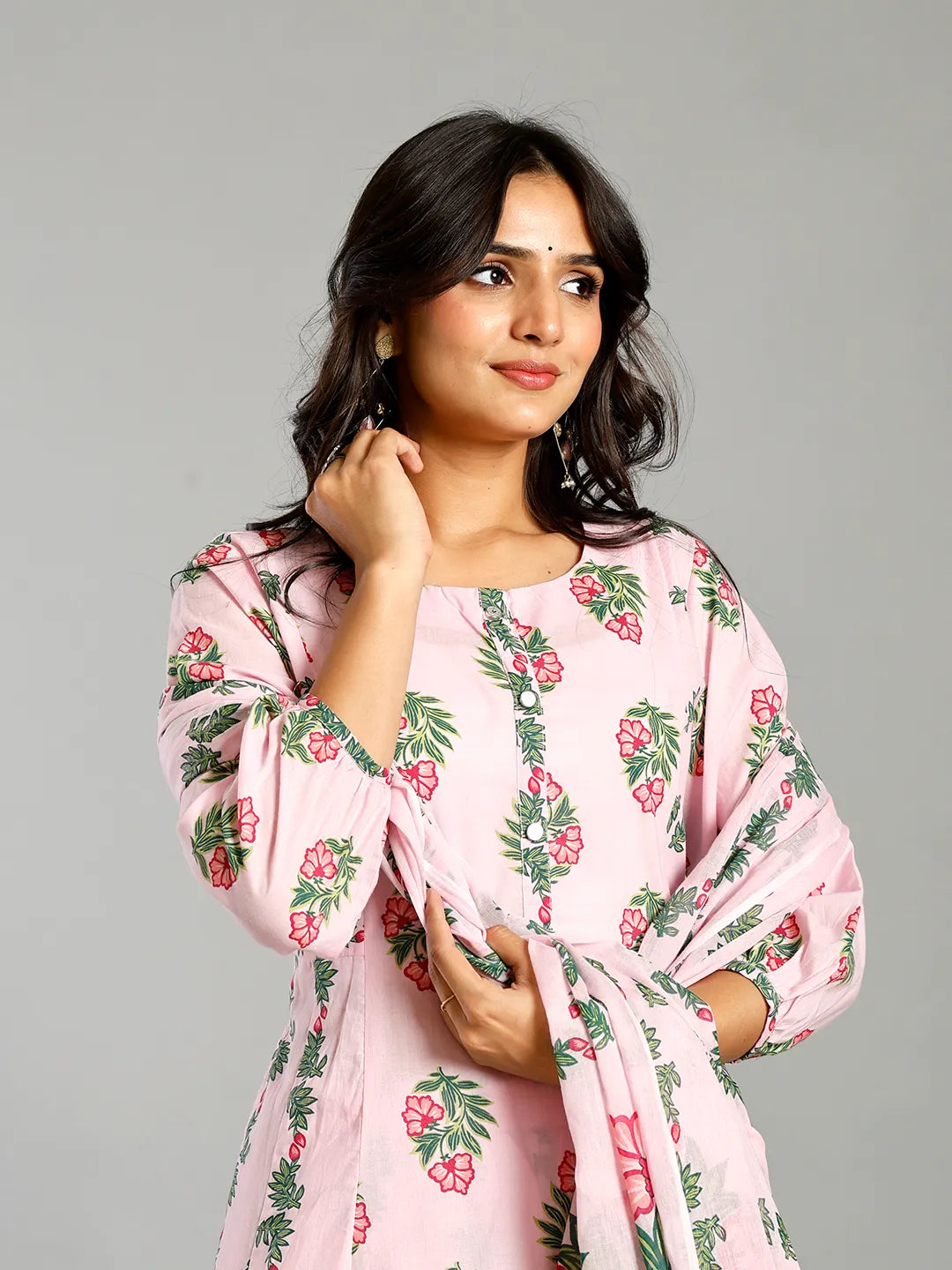 Pink Block Print Handcrafted Cotton Flared Kurta Set