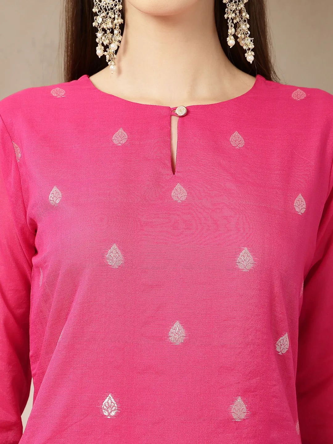 Pink Chanderi Silk Floral Golden Print Straight Kurta Trouser Dupatta Set