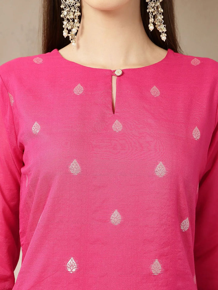 Pink Chanderi Silk Floral Golden Print Straight Kurta Trouser Dupatta Set