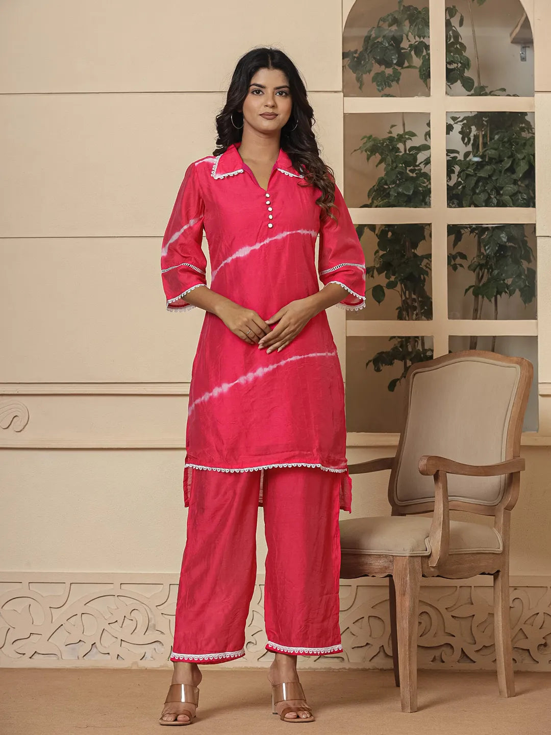 Pink Chanderi Silk Tie Dye Co-Ord Set-Yufta Store-1868CRDPKS