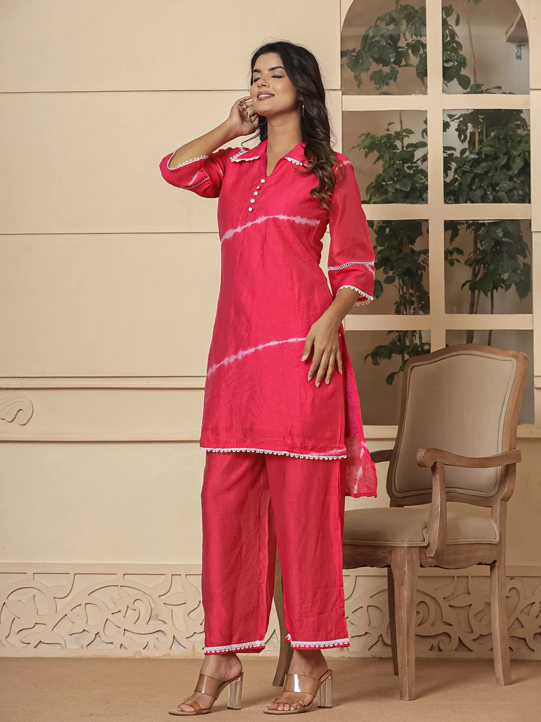 Pink Chanderi Silk Tie Dye Co-Ord Set-Yufta Store-1868CRDPKS