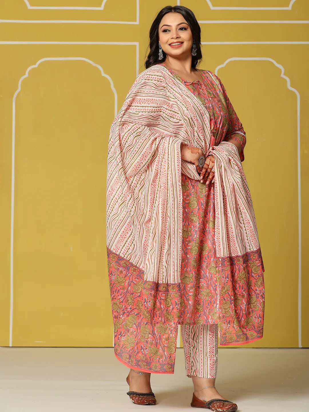 Pink Cotton A-Line Plus Size Kurta Set-Yufta Store-6516PSKDPK3XL