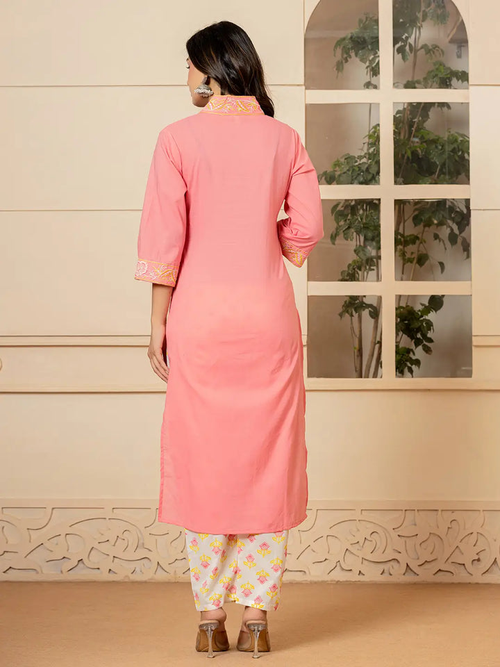 Pink Cotton Embroidered Kurta Dupatta Set-Yufta Store-6852SKDPKS