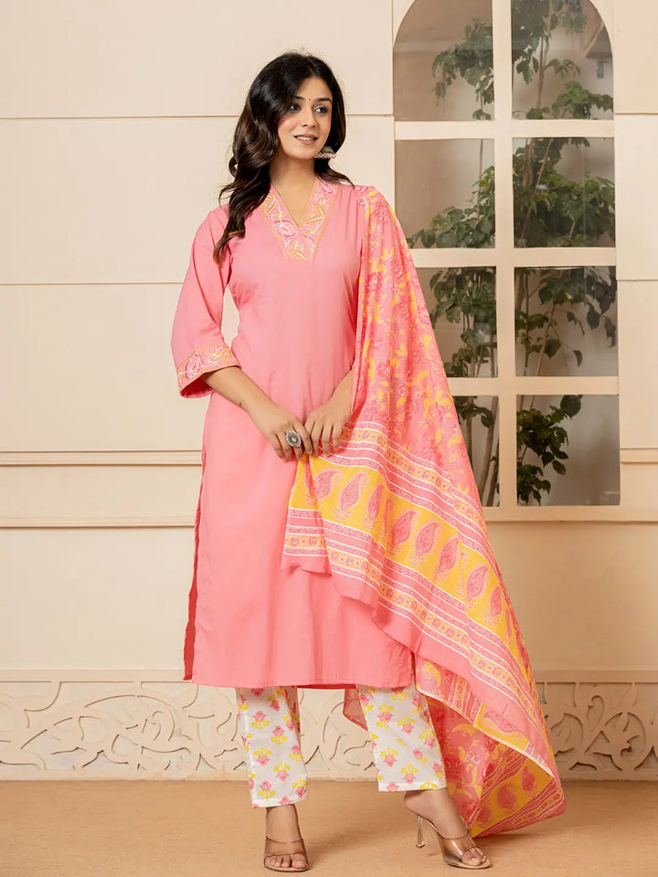 Pink Cotton Embroidered Kurta Dupatta Set-Yufta Store-6852SKDPKS