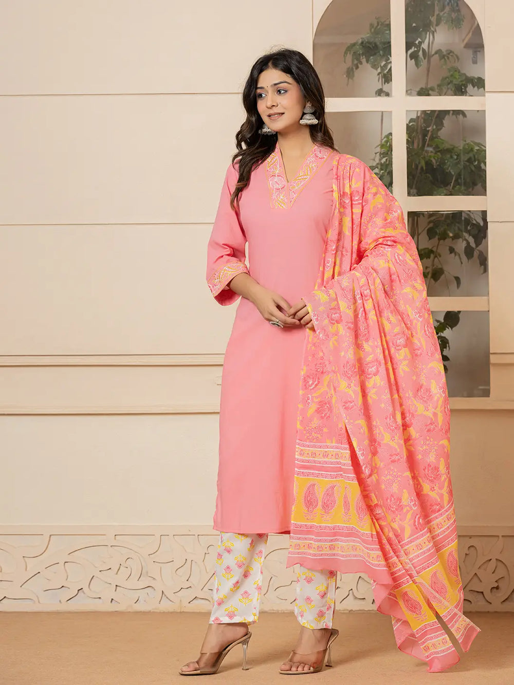 Pink Cotton Embroidered Kurta Dupatta Set-Yufta Store-6852SKDPKS