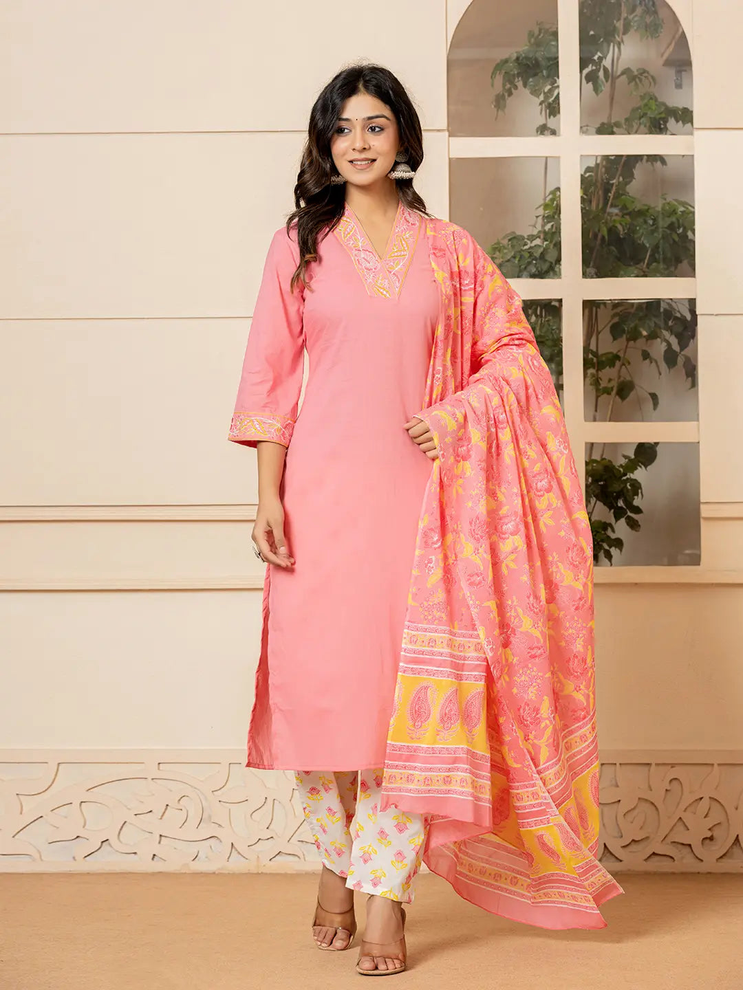 Pink Cotton Embroidered Kurta Dupatta Set-Yufta Store-6852SKDPKS