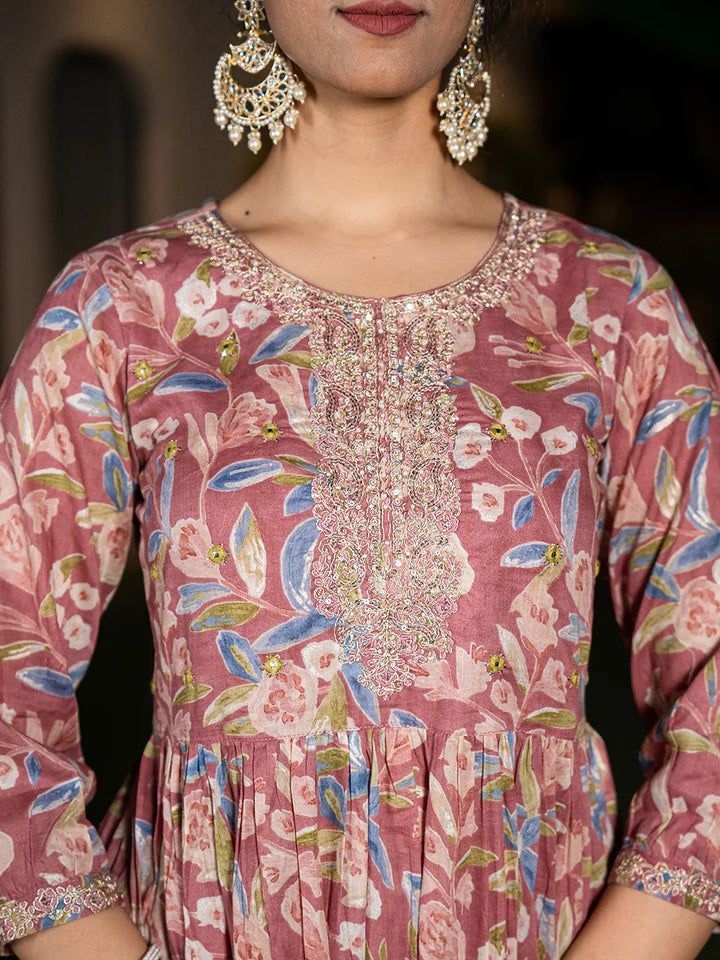 Pink Cotton Embroidery A-Line Gathers Kurta And Dhoti Pants With Dupatta Set