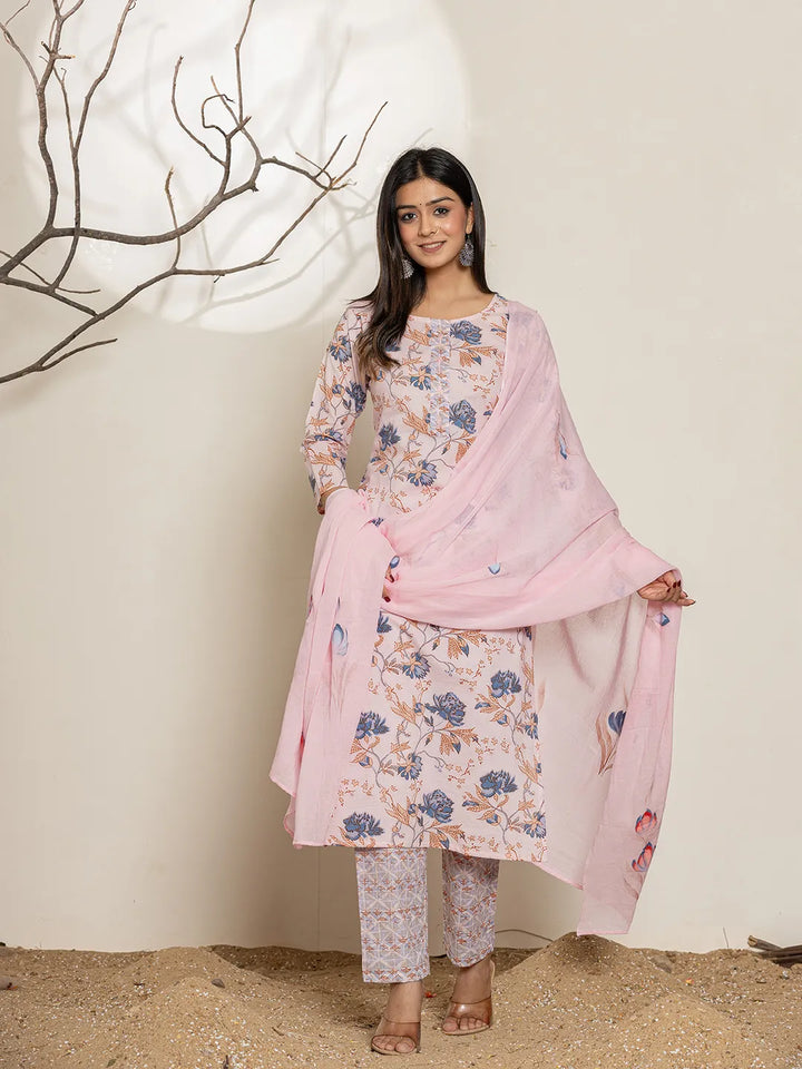 Pink Cotton Floral Print Kurta Dupatta Set-Yufta Store-7010SKDPKS