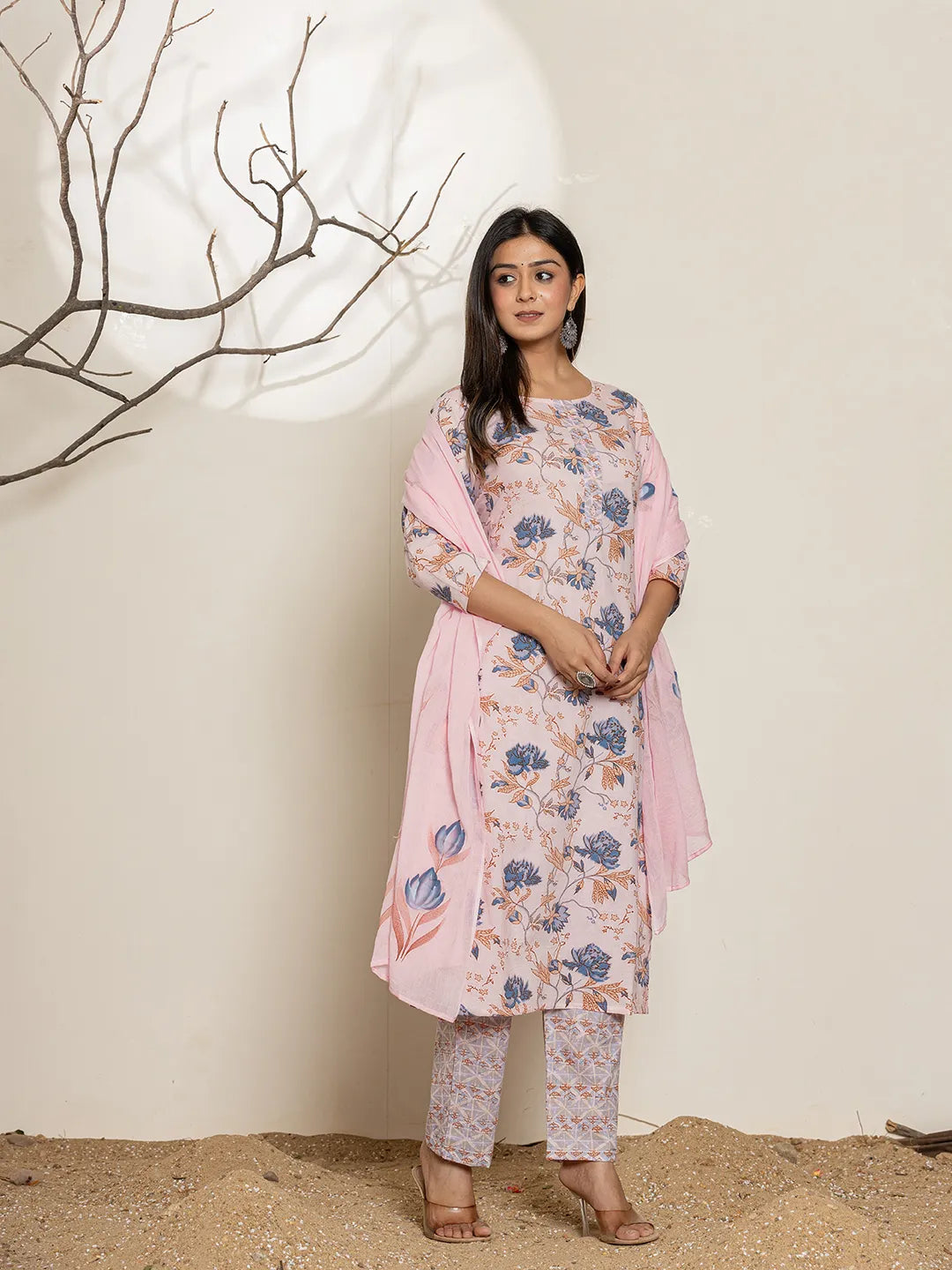 Pink Cotton Floral Print Kurta Dupatta Set-Yufta Store-7010SKDPKS