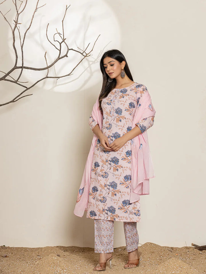 Pink Cotton Floral Print Kurta Dupatta Set-Yufta Store-7010SKDPKS