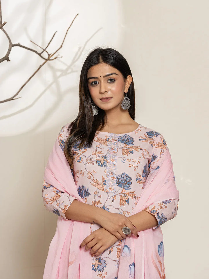 Pink Cotton Floral Print Kurta Dupatta Set-Yufta Store-7010SKDPKS