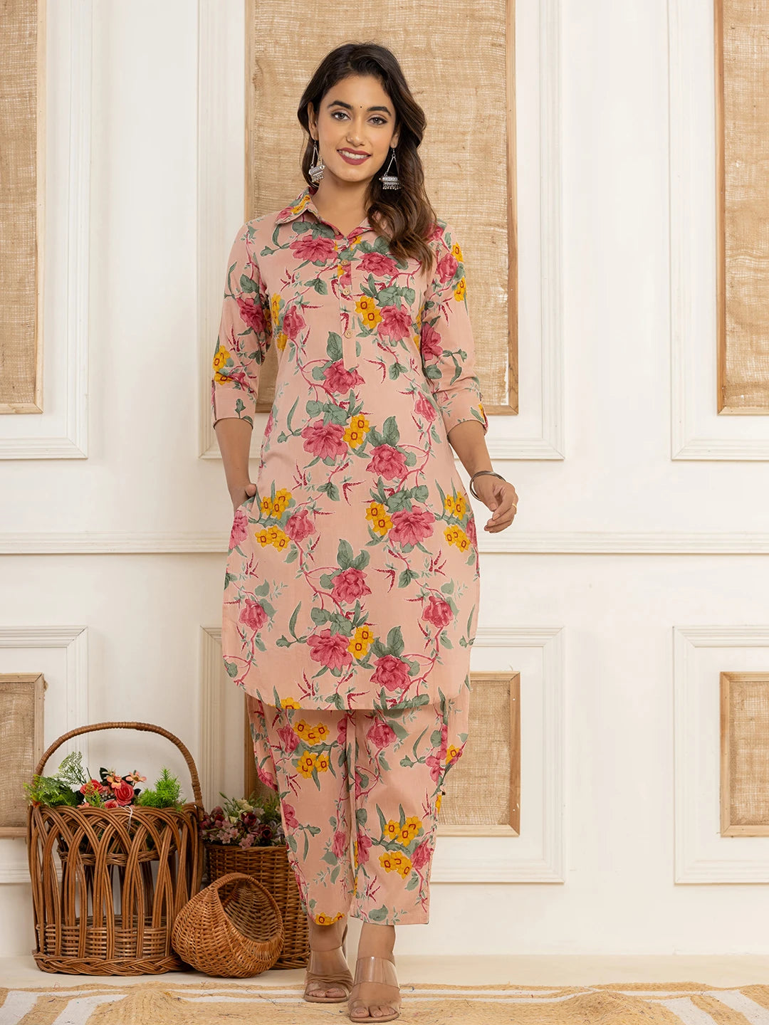 Pink Cotton Floral Print Striped Print Co-Ord Set-Yufta Store-6929CRDPKS