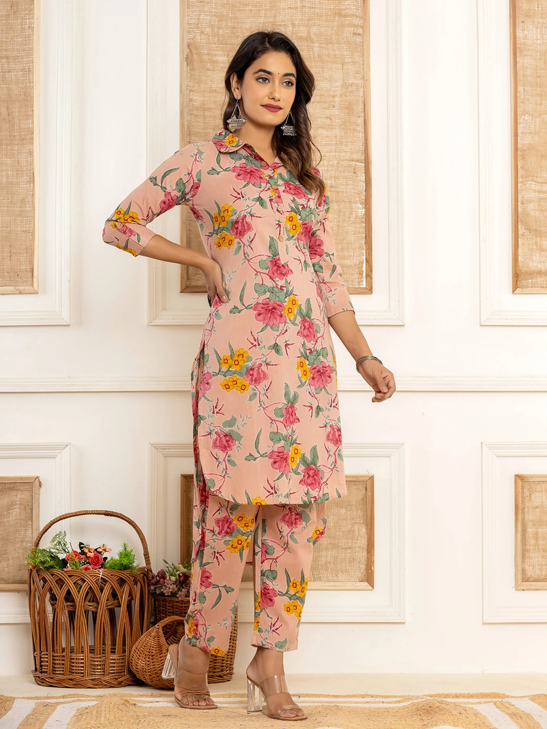 Pink Cotton Floral Print Striped Print Co-Ord Set-Yufta Store-6929CRDPKS