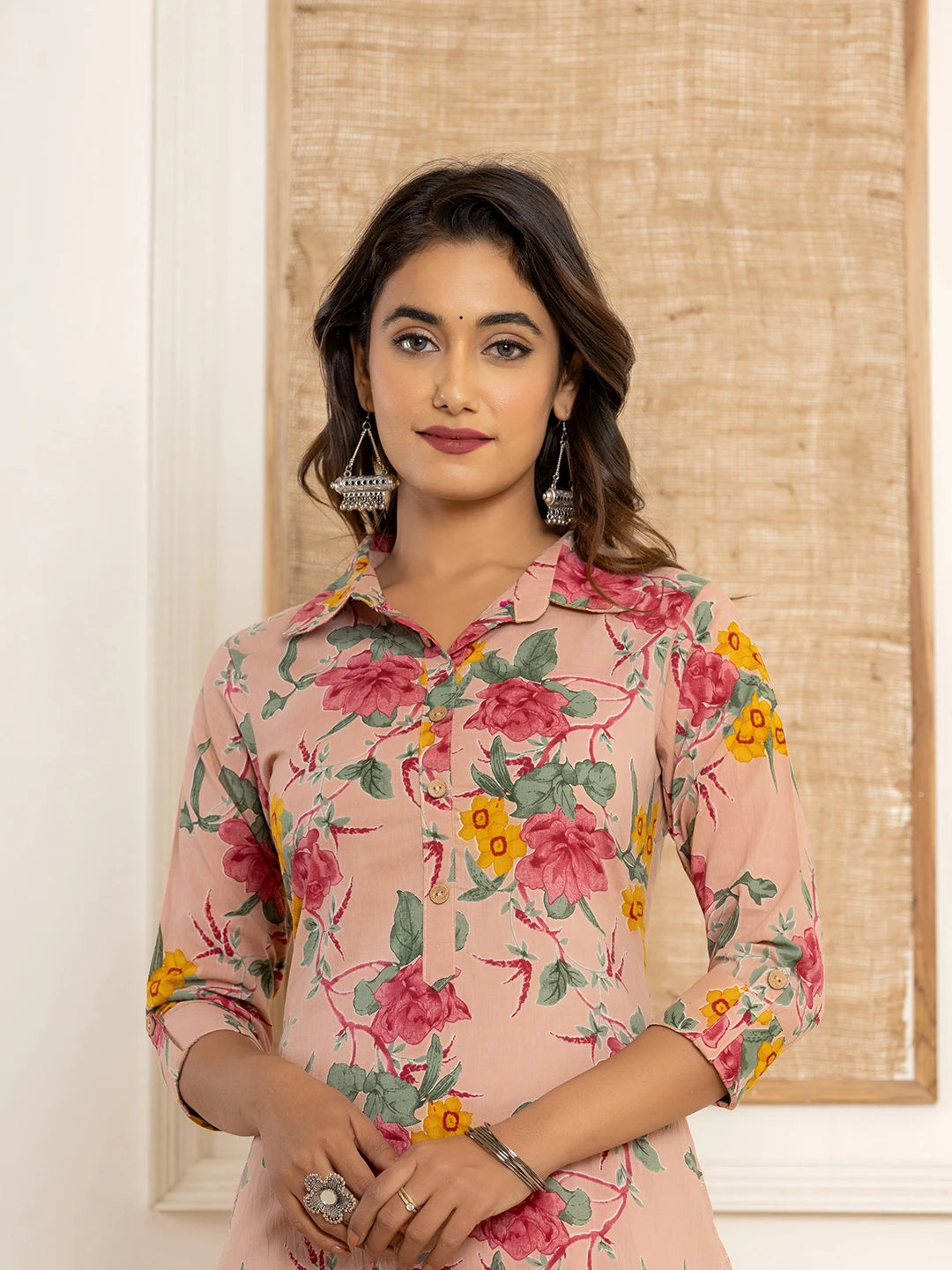 Pink Cotton Floral Print Striped Print Co-Ord Set-Yufta Store-6929CRDPKS