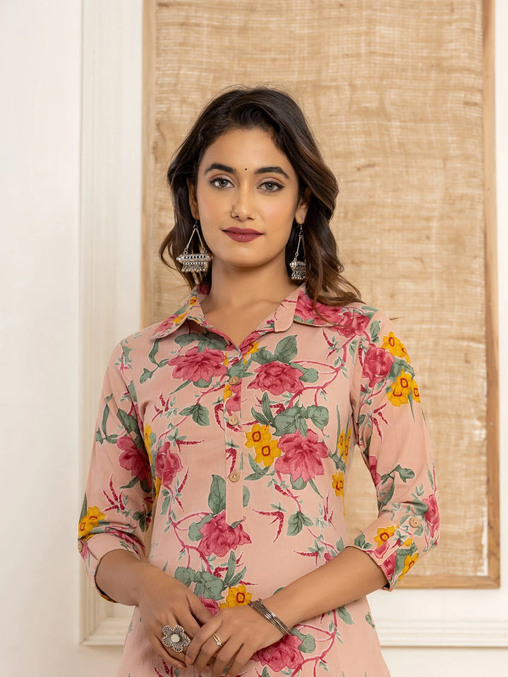 Pink Cotton Floral Print Striped Print Co-Ord Set-Yufta Store-6929CRDPKS