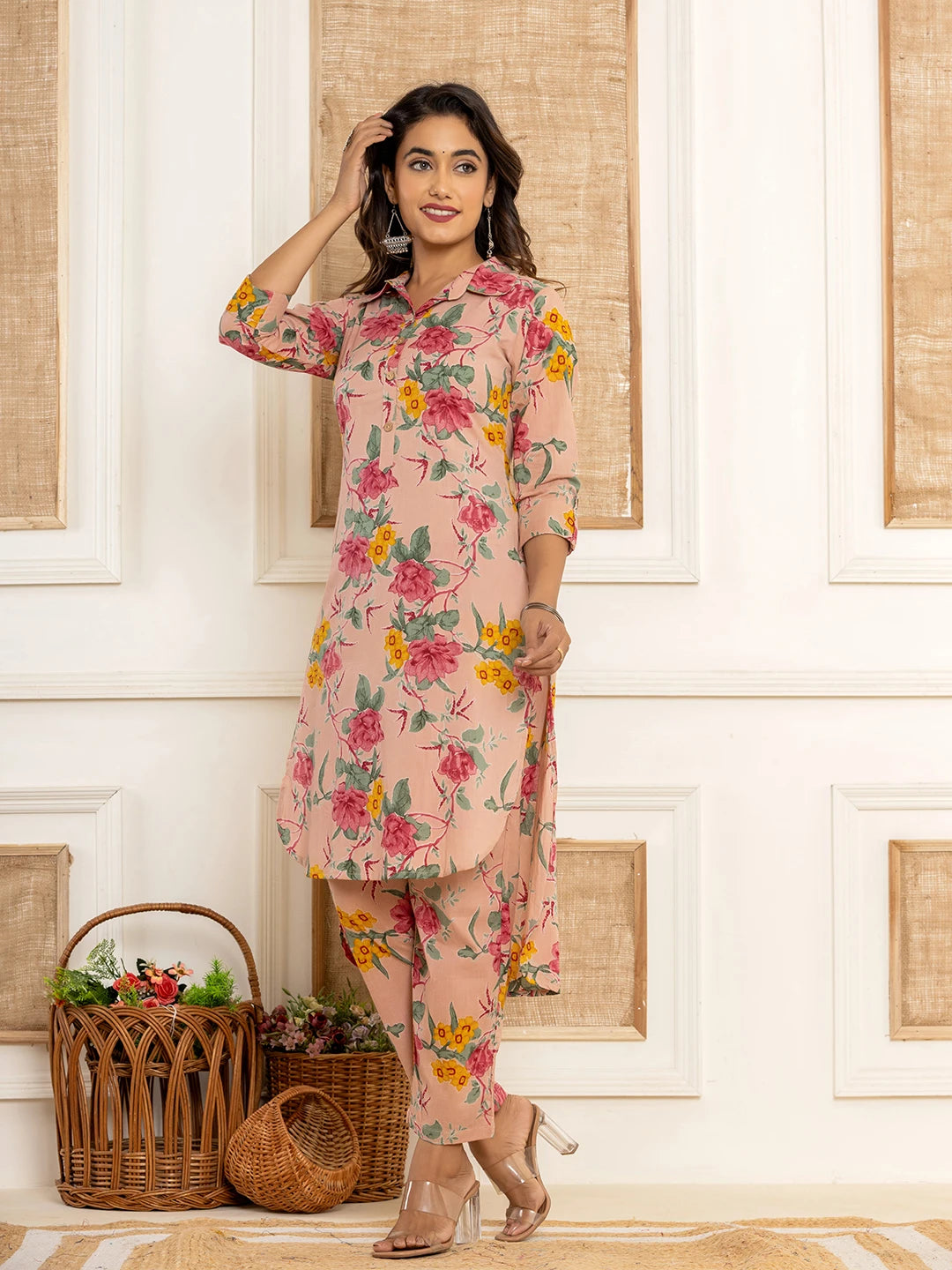 Pink Cotton Floral Print Striped Print Co-Ord Set-Yufta Store-6929CRDPKS