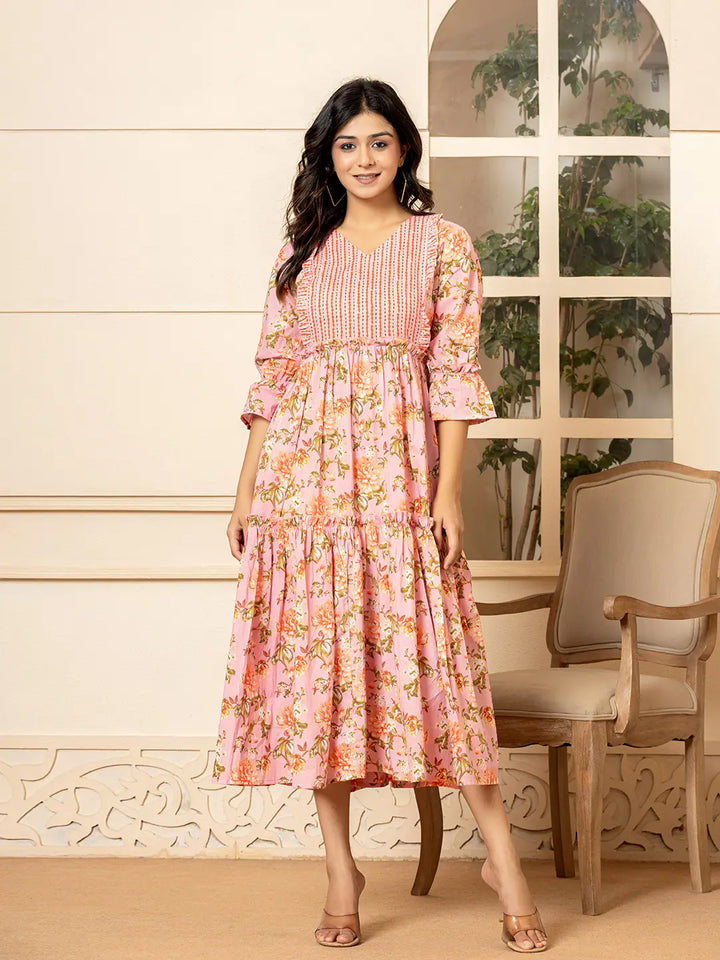 Pink Cotton Floral Print Tiered Dress With Ruffles-Yufta Store-6939DRSPKS