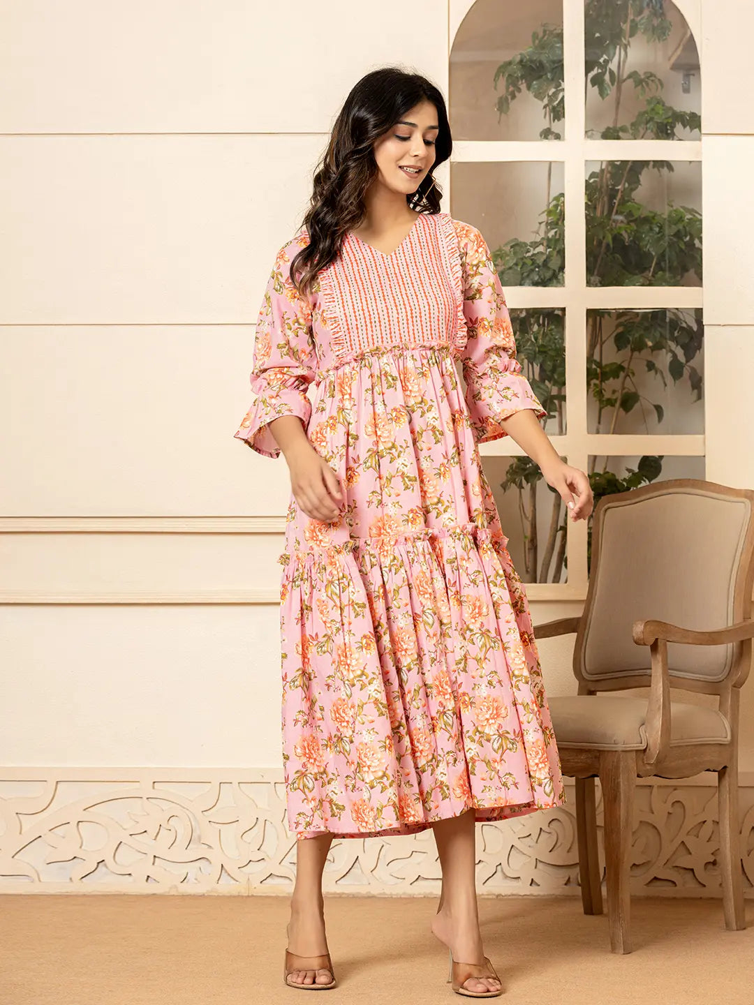 Pink Cotton Floral Print Tiered Dress With Ruffles-Yufta Store-6939DRSPKS