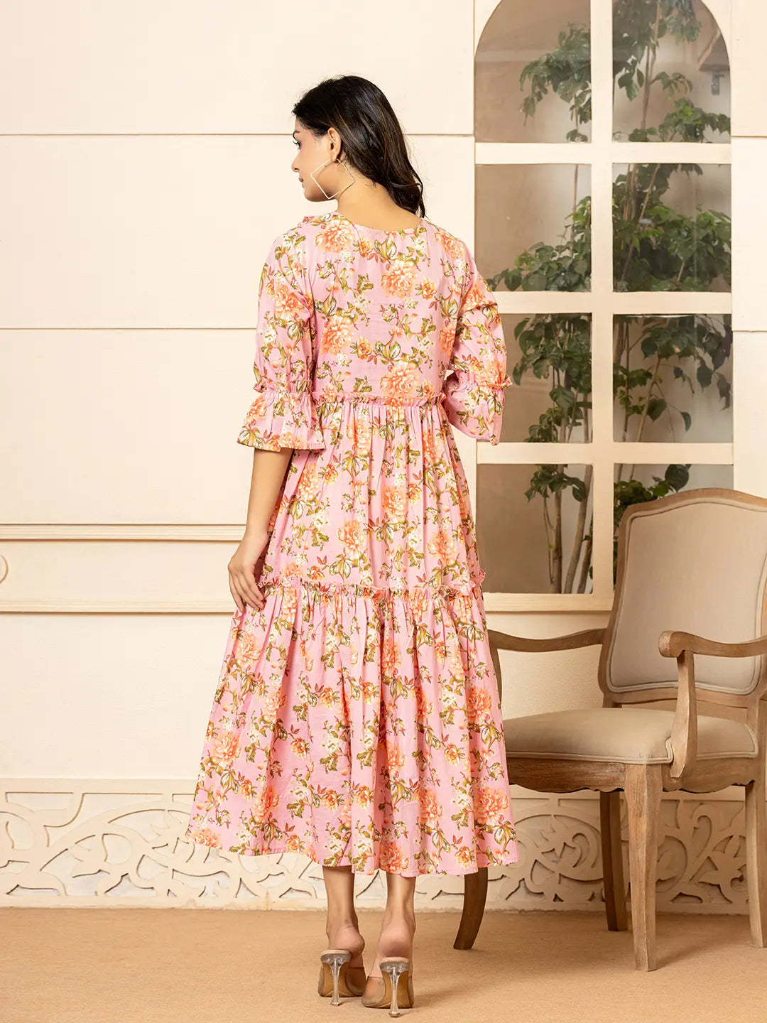 Pink Cotton Floral Print Tiered Dress With Ruffles-Yufta Store-6939DRSPKS