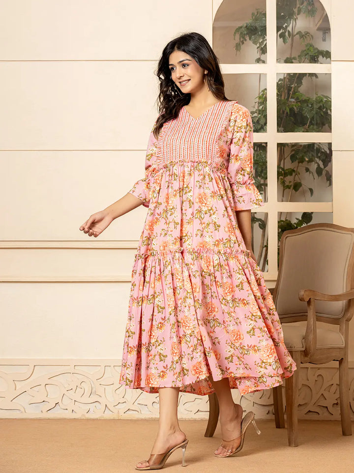 Pink Cotton Floral Print Tiered Dress With Ruffles-Yufta Store-6939DRSPKS