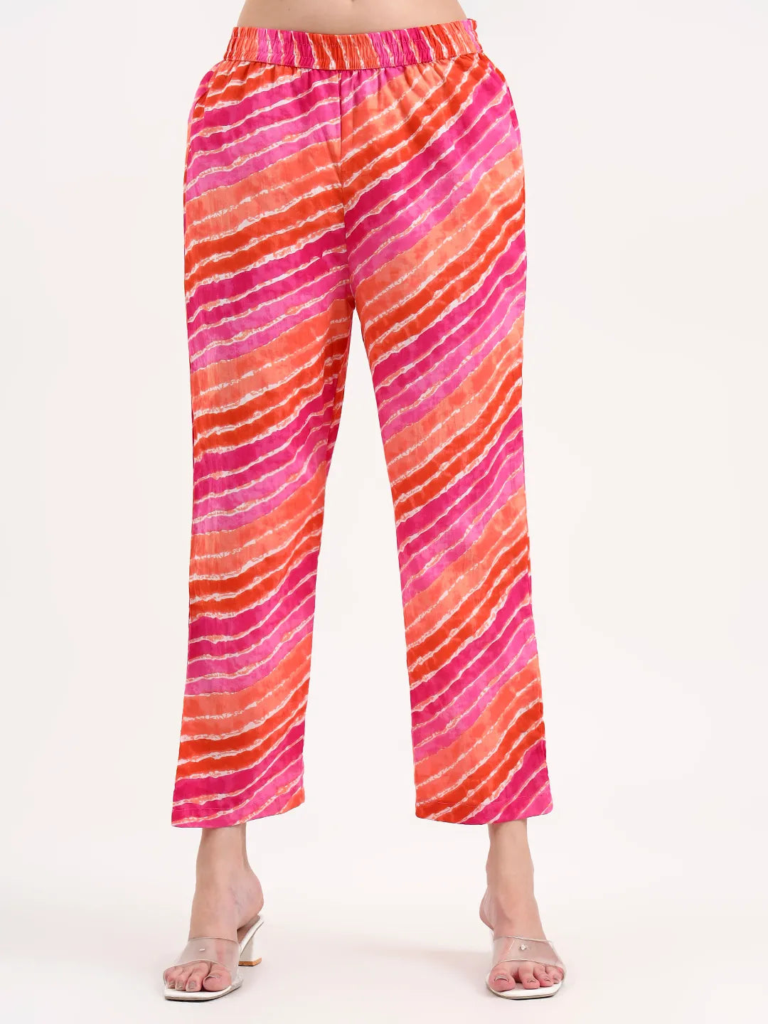 Pink Cotton Leheriya Kurta Pant Set