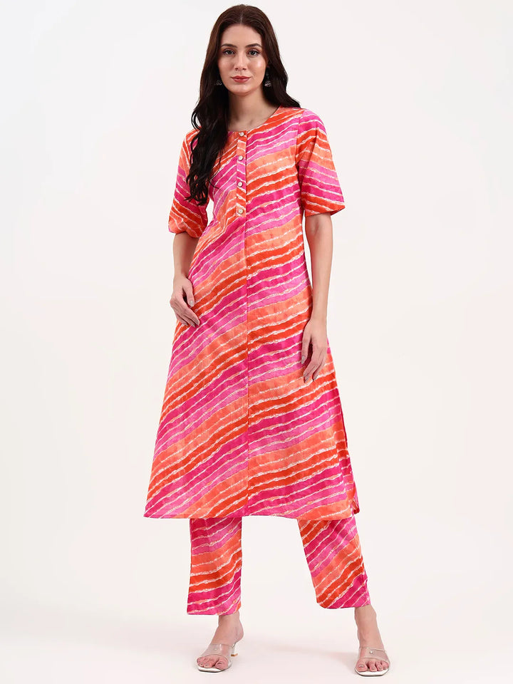 Pink Cotton Leheriya Kurta Pant Set