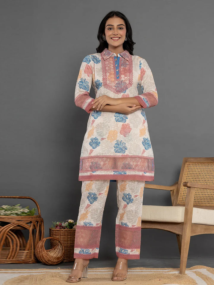 Pink Cotton Schiffli Co-Ord Set With Lace Detailing-Yufta Store-7192CRDPKS