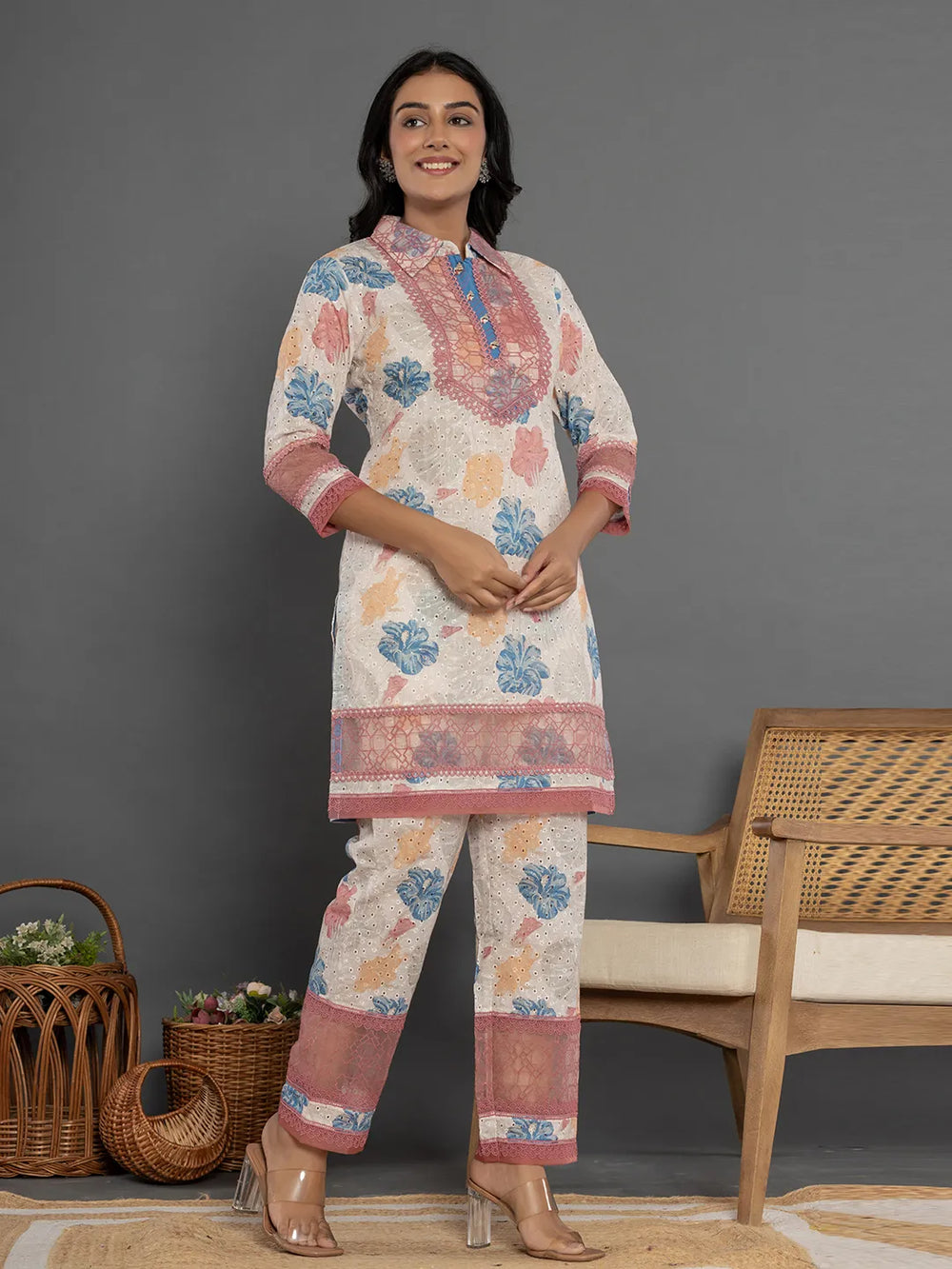 Pink Cotton Schiffli Co-Ord Set With Lace Detailing-Yufta Store-7192CRDPKS