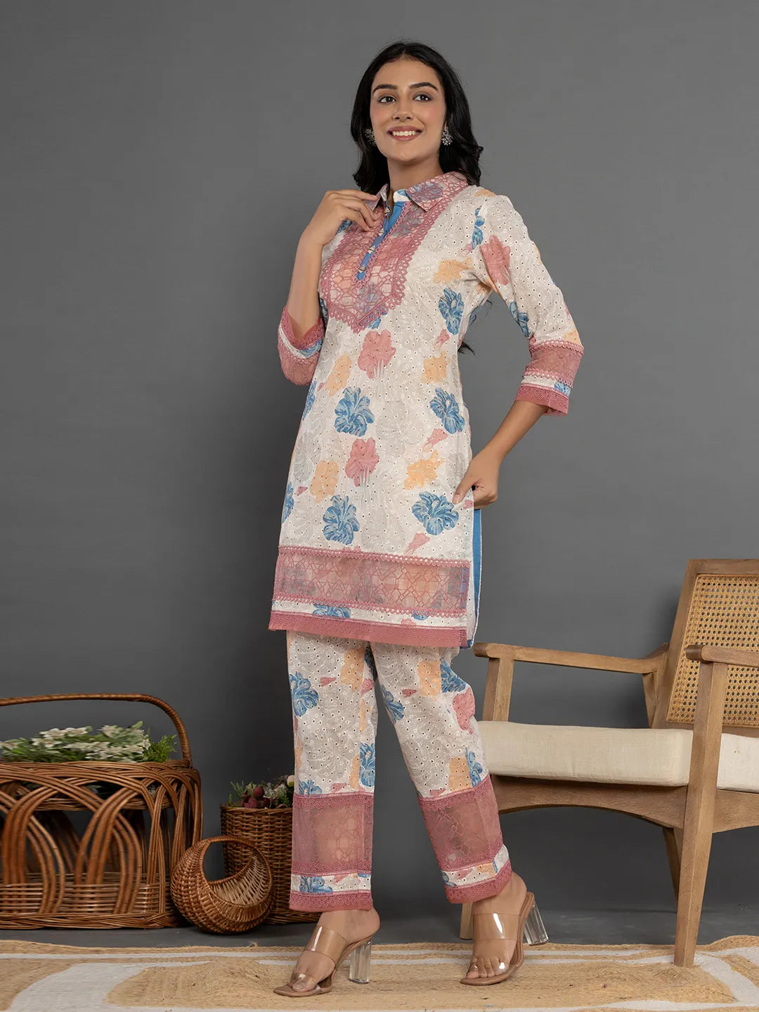 Pink Cotton Schiffli Co-Ord Set With Lace Detailing-Yufta Store-7192CRDPKS