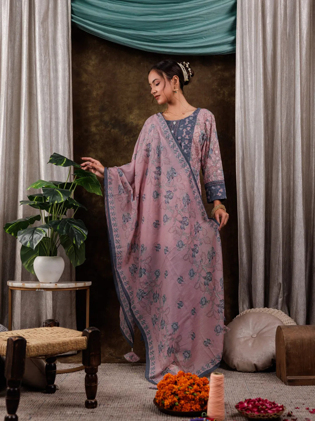 Pink Cotton Schiffli Floral Print Kurta Dupatta Set With Lace Detailing-Yufta Store-7189SKDPKS