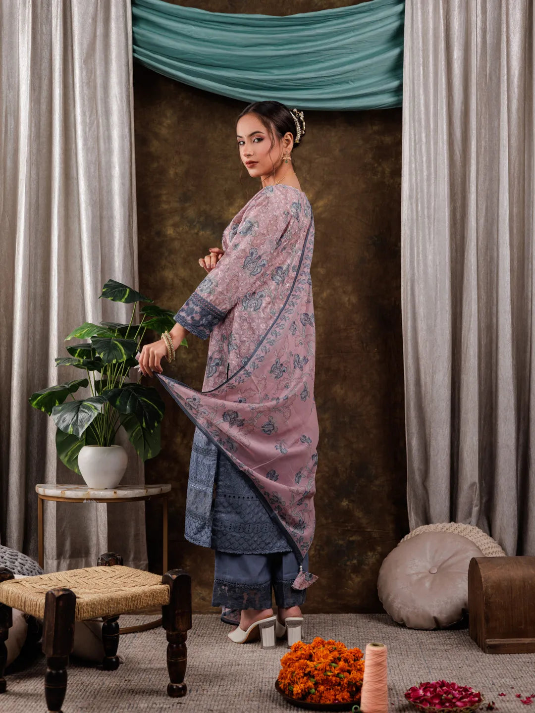 Pink Cotton Schiffli Floral Print Kurta Dupatta Set With Lace Detailing-Yufta Store-7189SKDPKS